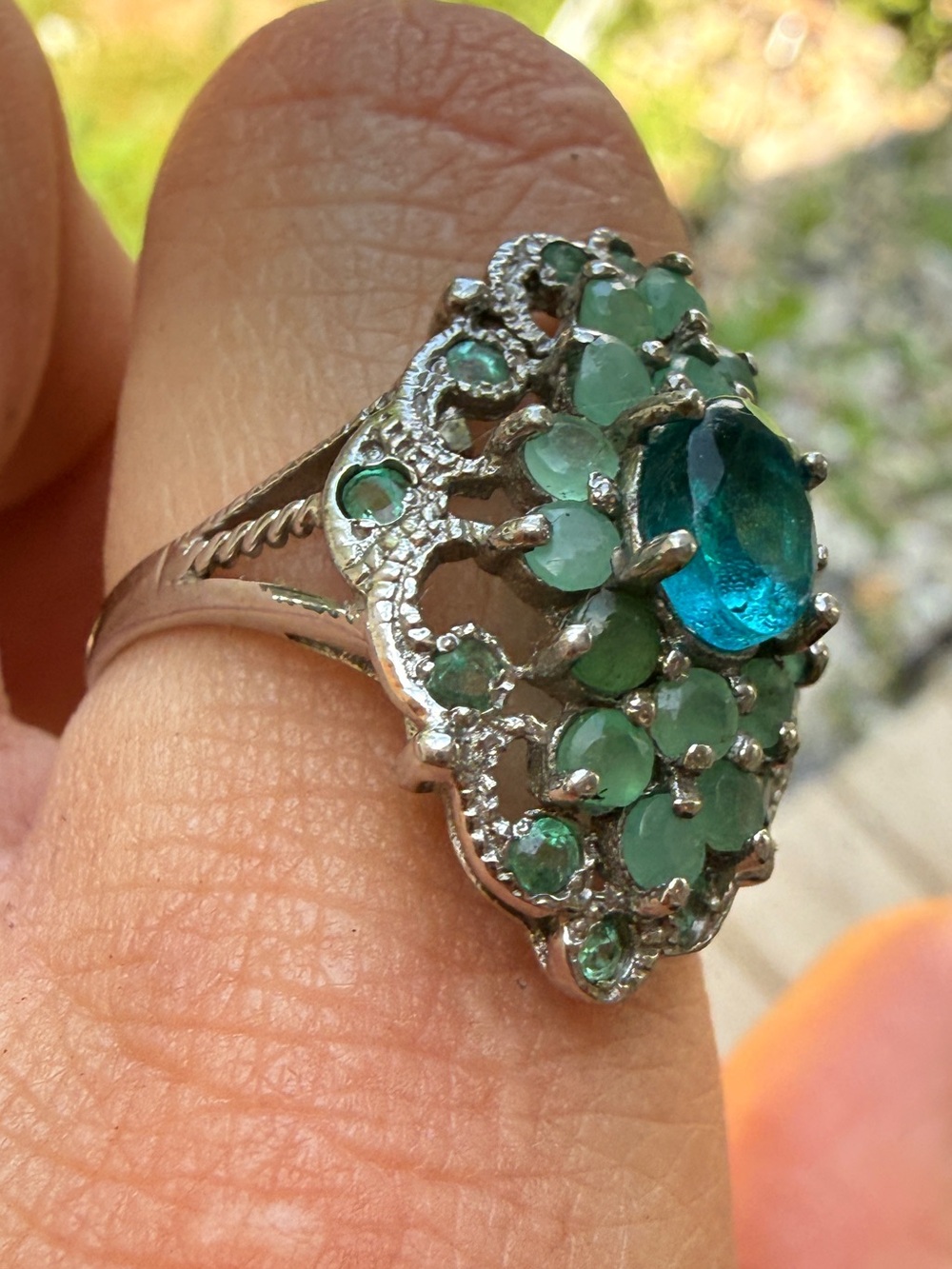 Ethiopian Blue Opal & Emerald vintage 
Ring 925 Silver 14K WG Sz8.5 - Picture 14 of 17